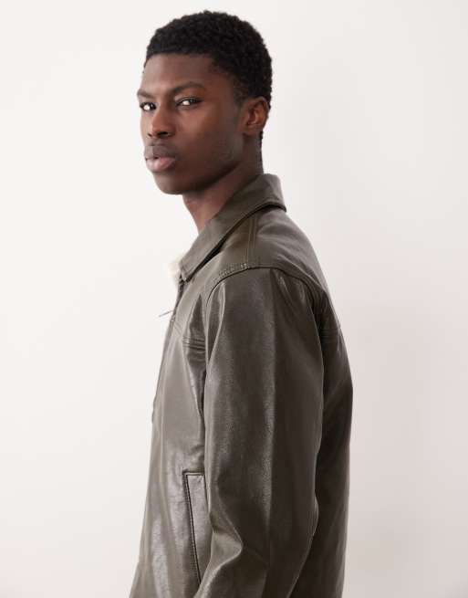 Abercrombie & Fitch cropped vegan leather zip jacket in dark green