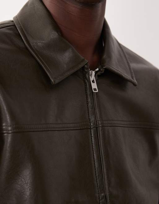 Abercrombie & Fitch cropped vegan leather zip jacket in dark green