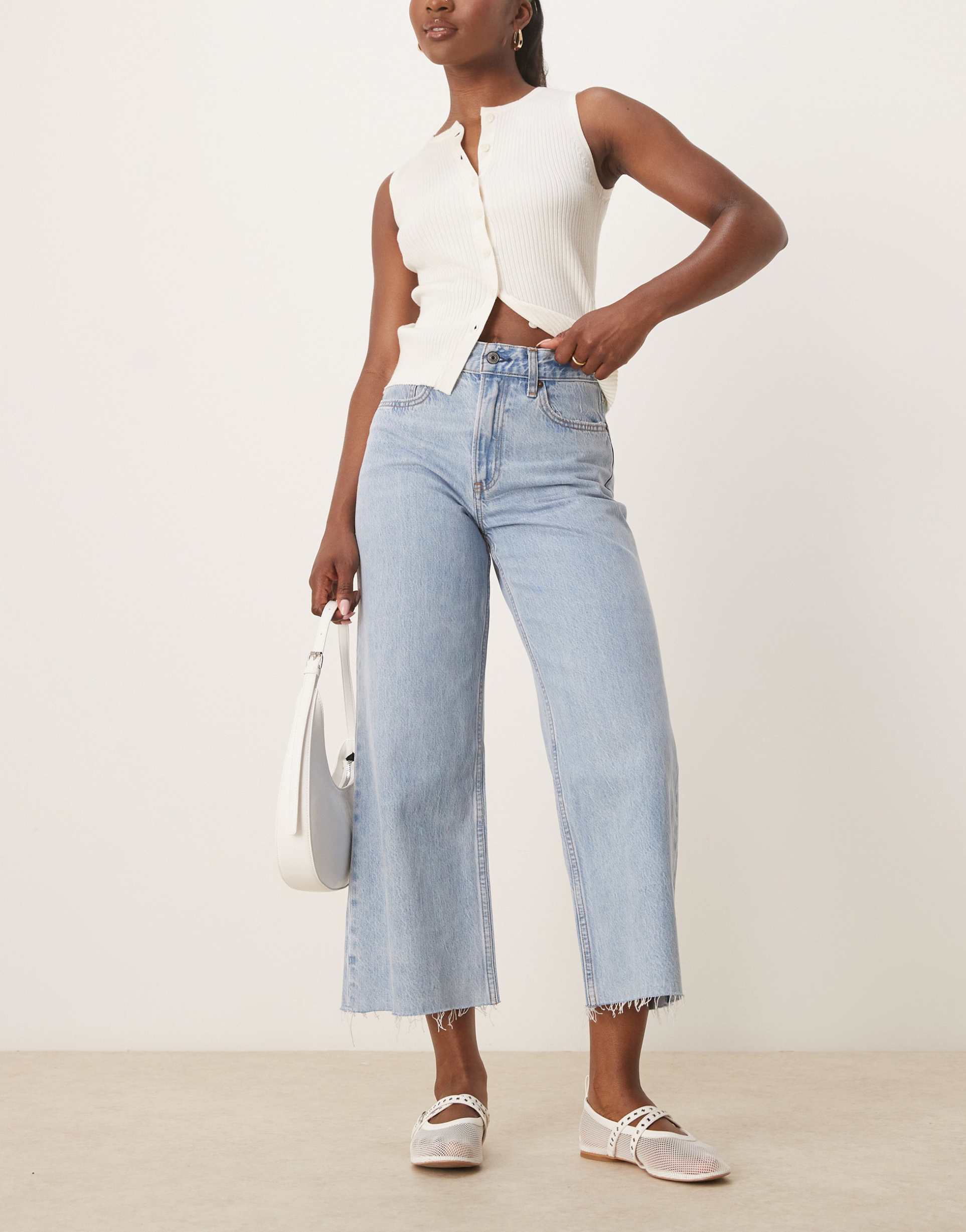 abercrombie & fitch cropped wide leg raw hem jeans in medium wash blue