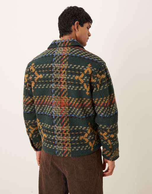 Abercrombie & Fitch cropped wool blend herringbone jacket in green, 3 of 5