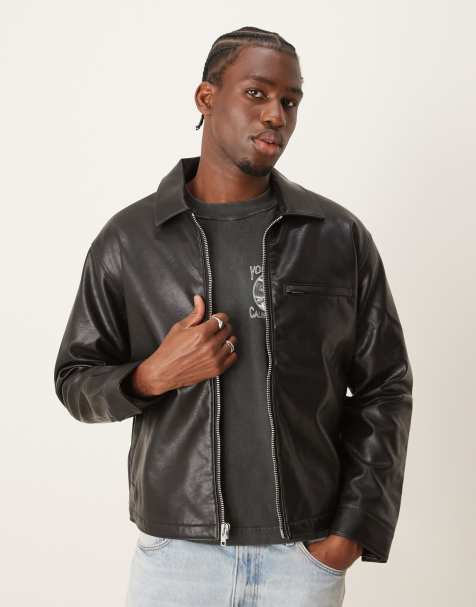 Abercrombie & Fitch cropped zip front faux leather biker jacket in black - view 1
