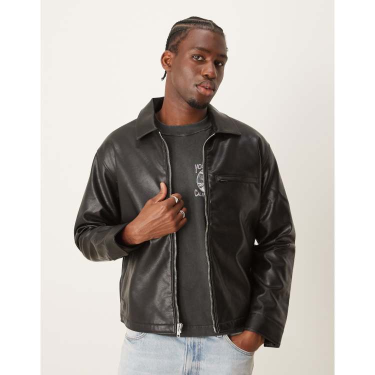 Abercrombie & Fitch cropped zip front faux leather biker jacket in