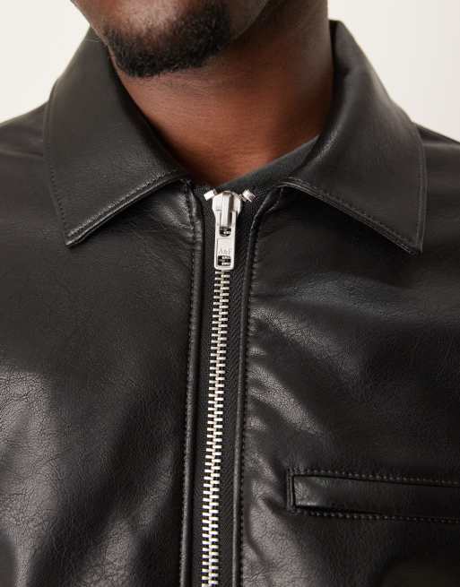 Abercrombie & Fitch cropped zip front faux leather biker jacket in black, 3 of 4