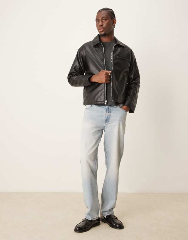 Abercrombie & Fitch cropped zip front faux leather biker jacket in