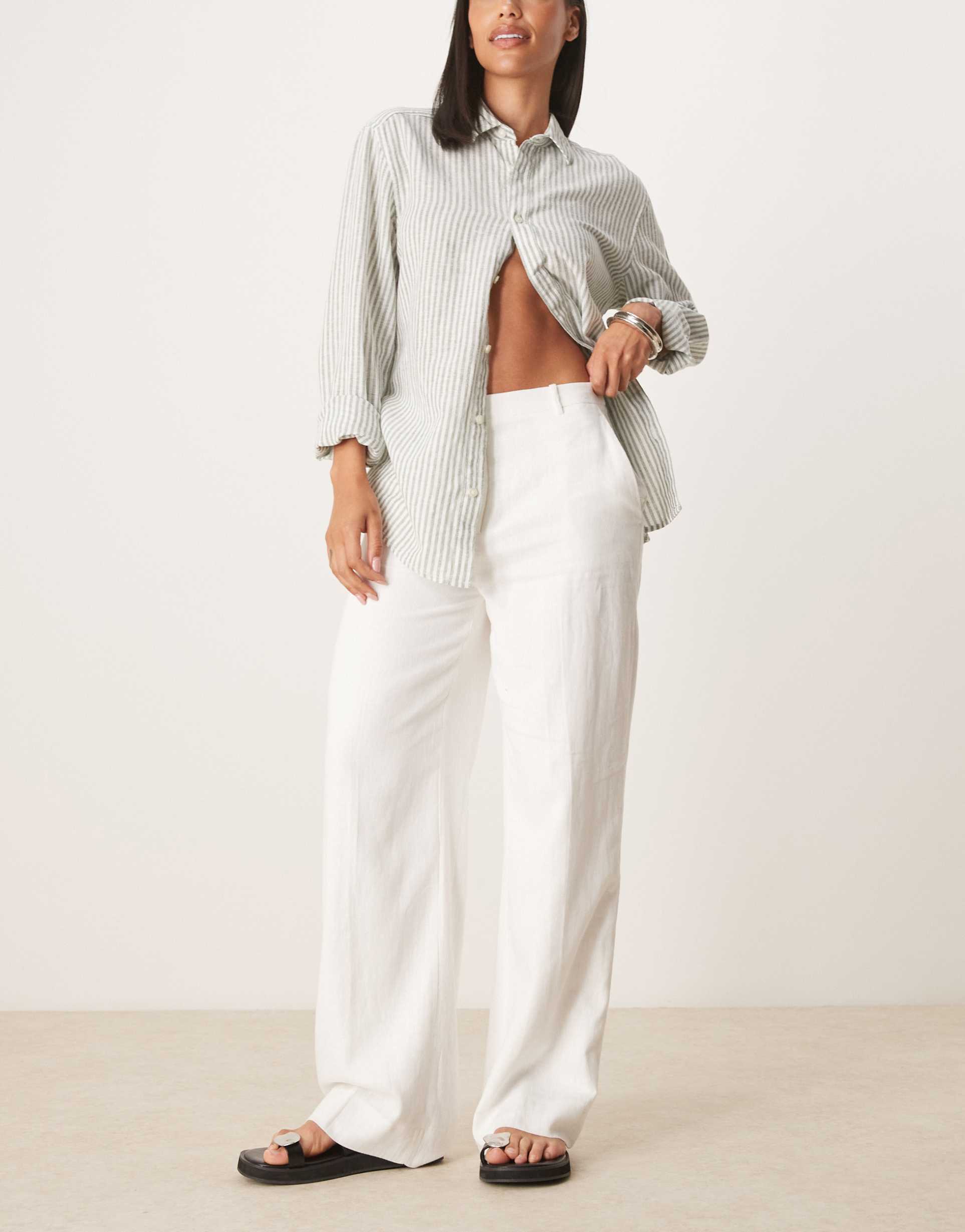 abercrombie & fitch curve high rise linen blend tailored pants in white