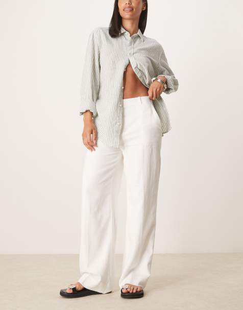 Abercrombie & Fitch curve high rise linen tailored trousers in white - view 1