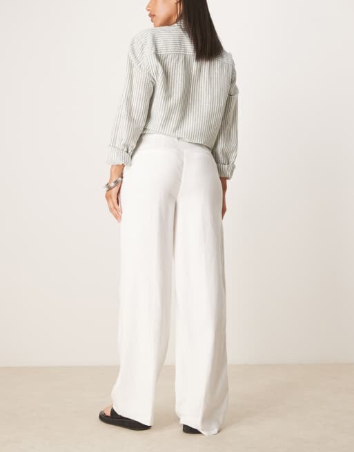 Abercrombie & Fitch curve high rise linen tailored trousers in white, 4 of 5