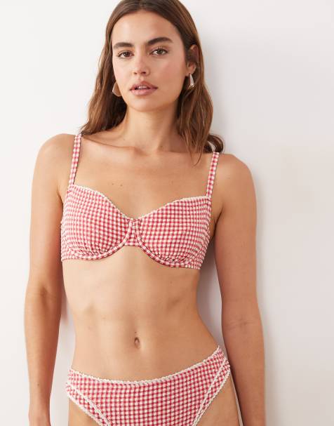 Abercrombie & Fitch curve love balconette bikini top co-ord in red gingham - view 1