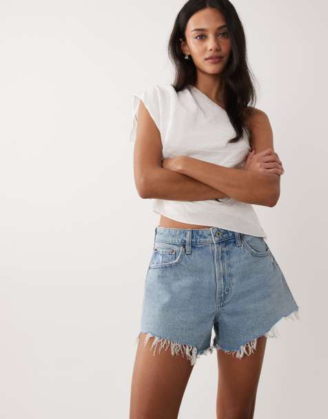 Abercrombie & Fitch Curve Love frayed high rise denim short in bleach blue - view 1