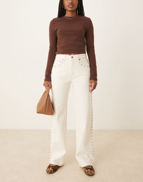 Abercrombie & Fitch curve love high rise 90's relaxed studded jeans in ecru - view 1