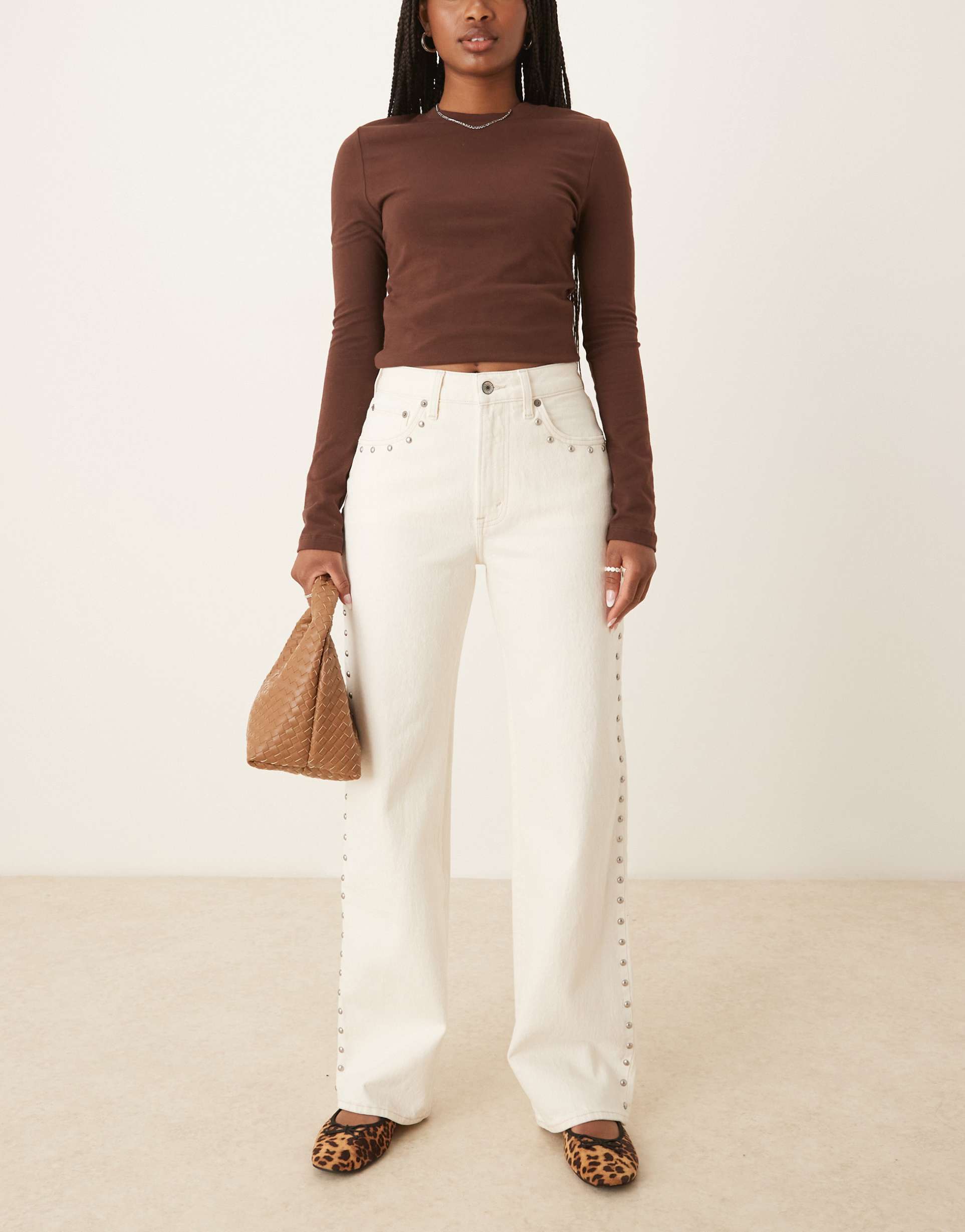 abercrombie & fitch curve love high rise 90's relaxed studded jeans in ecru