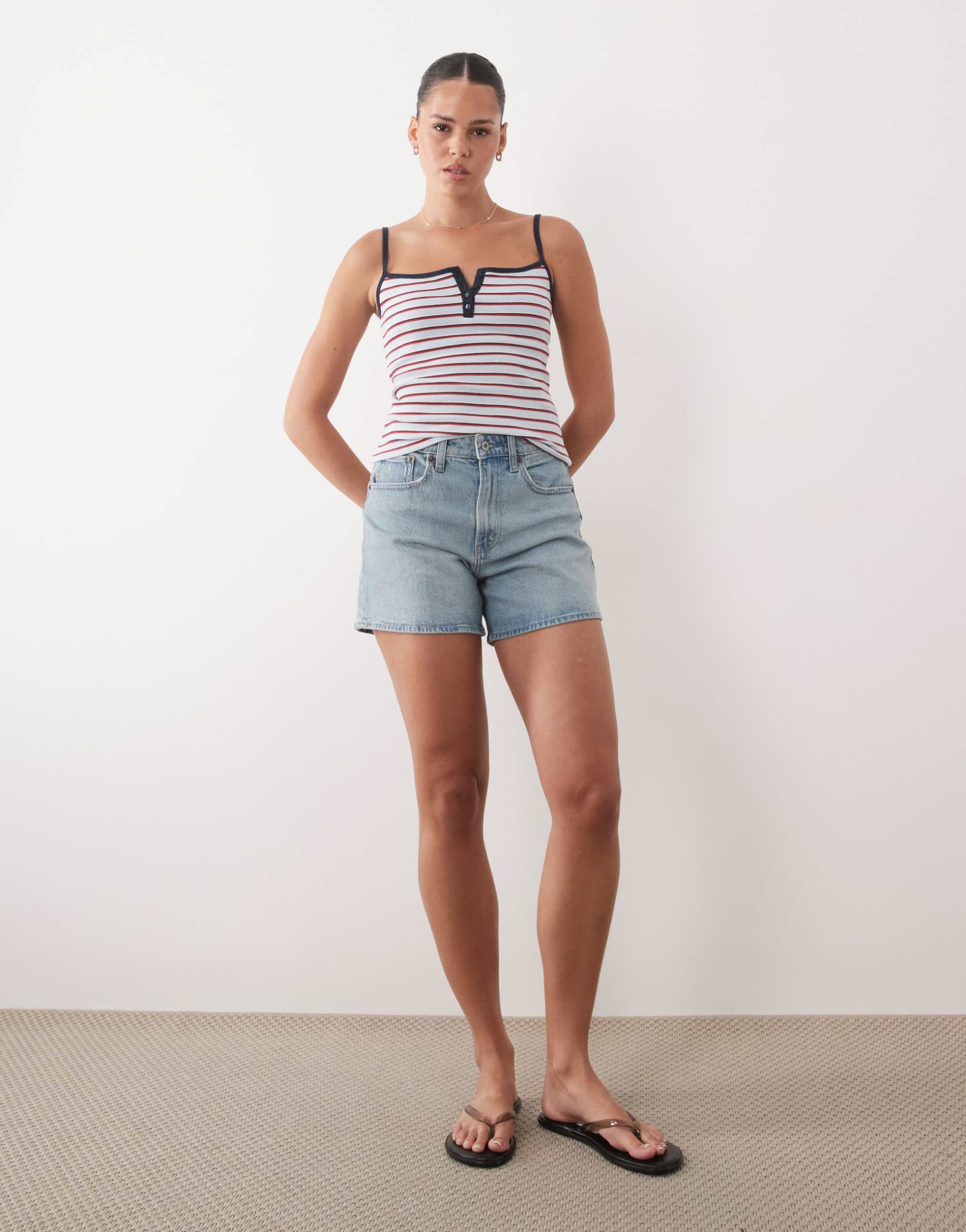 abercrombie & fitch curve love high rise denim shorts with finished hem in bleach blue