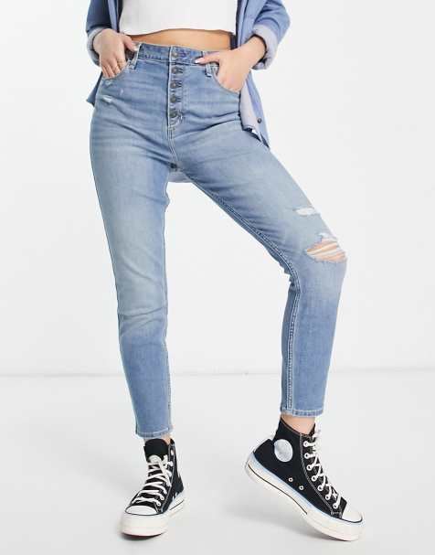 Abercrombie & Fitch curve love high rise distressed ankle grazer skinny jeans in mid wash blue