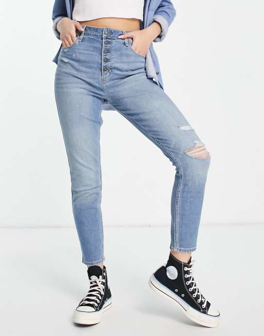 Abercrombie & Fitch curve love high rise distressed ankle grazer skinny  jeans in mid wash blue