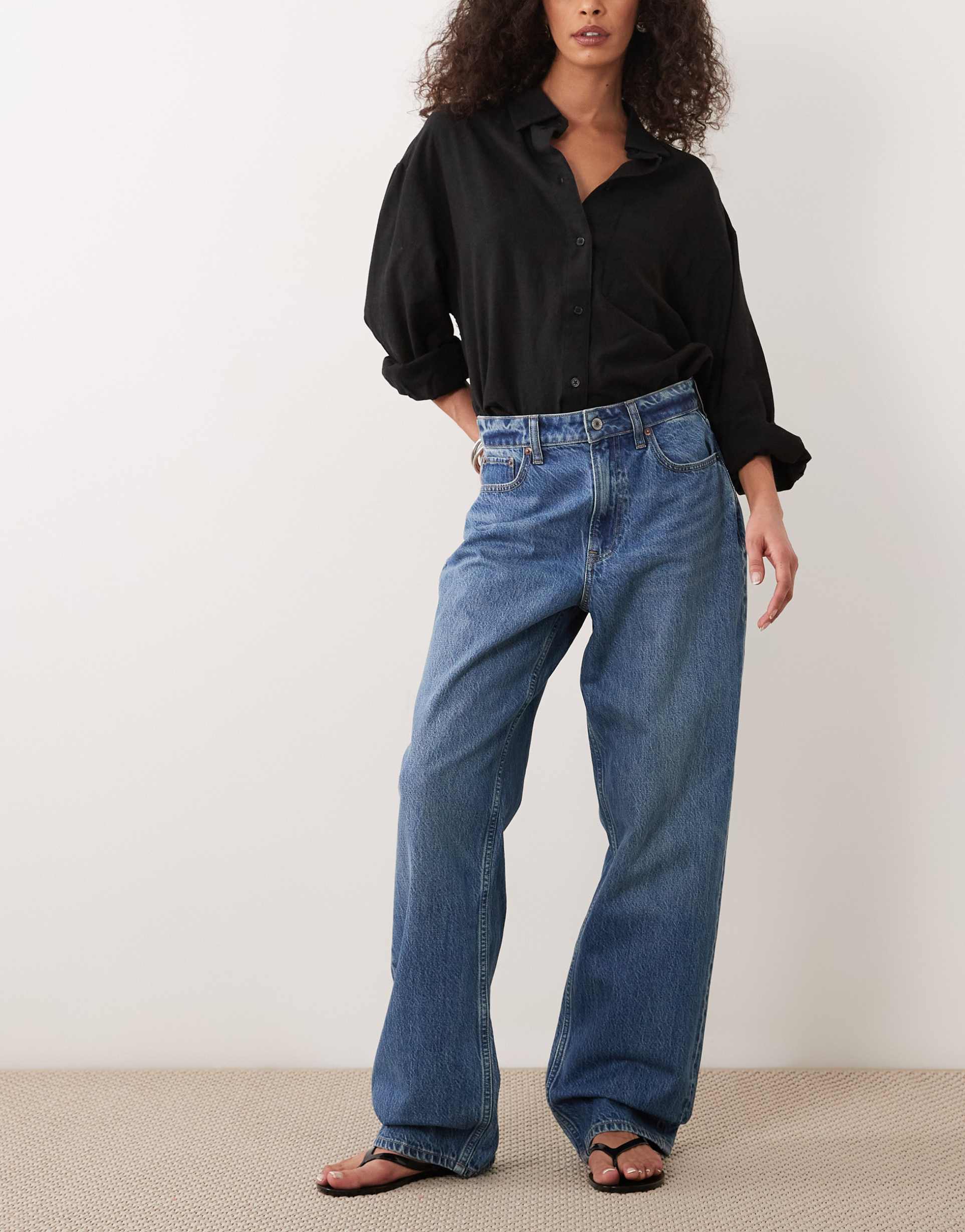abercrombie & fitch curve love high rise loose fit jeans in vintage blue wash
