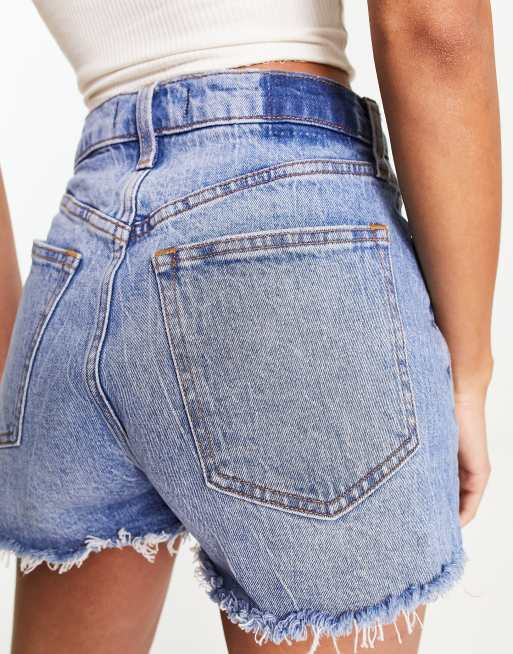 Abercrombie & Fitch Curve Love high rise mom denim shorts in mid blue wash