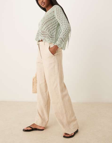 Abercrombie & Fitch curve love linen high rise tailored trousers in oatmeal