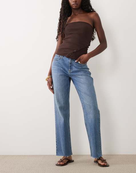 Abercrombie & Fitch Curve - Love - Jeans dritti a vita alta con orlo grezzo lavaggio blu medio - view 1