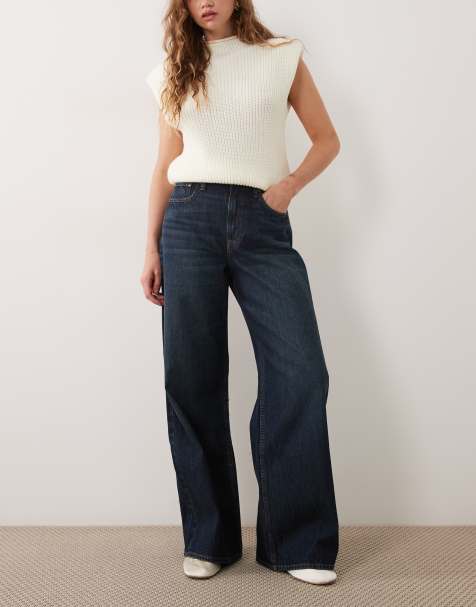 Abercrombie & Fitch Curve Love jeans wide leg taille haute en délavage bleu foncé - view 1
