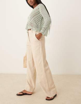 curve love linen blend high rise tailored pants in oatmeal-Neutral