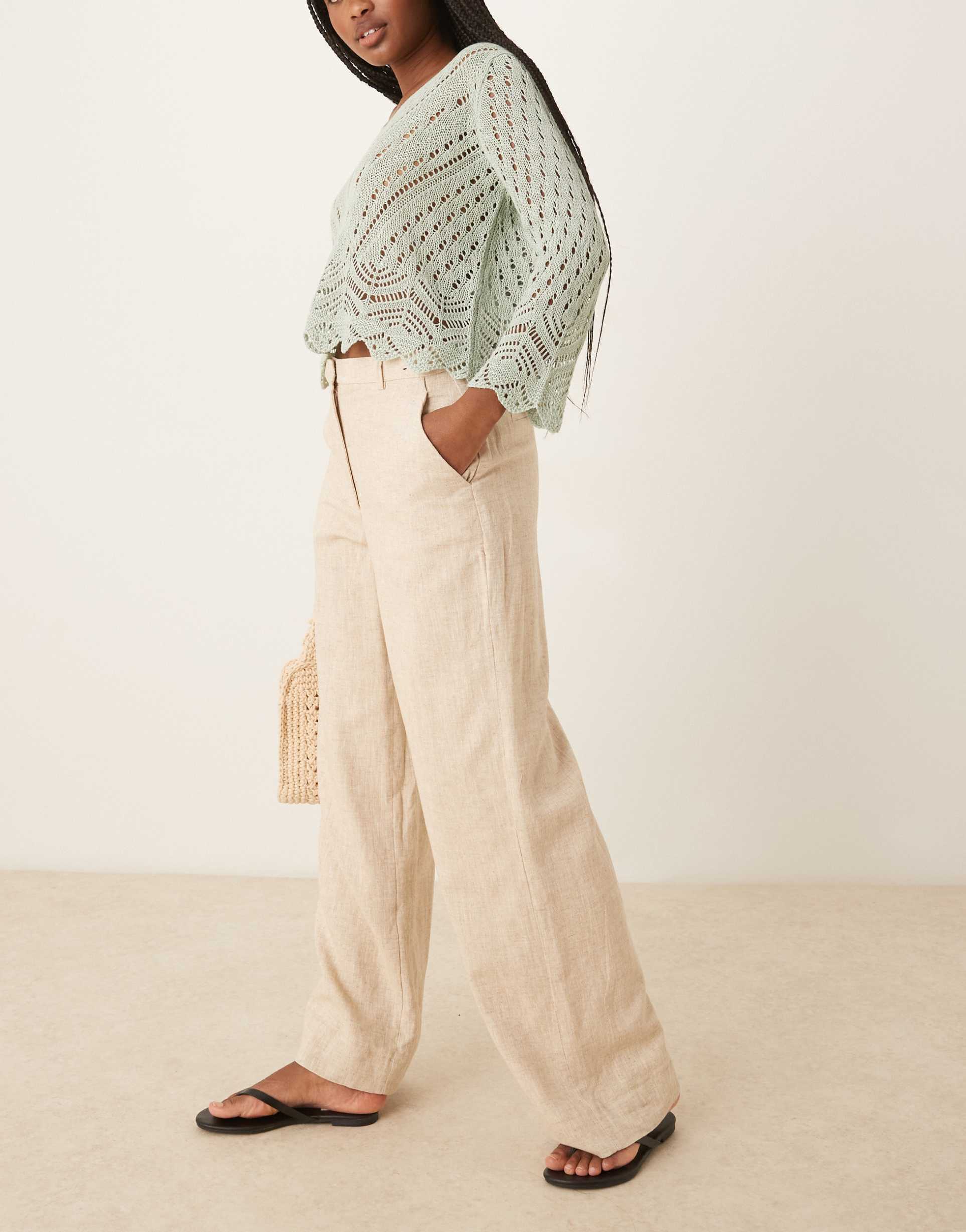 abercrombie & fitch curve love linen blend high rise tailored pants in oatmeal