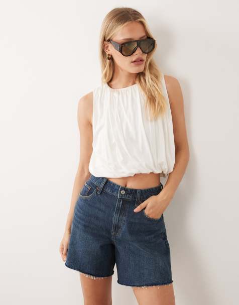 Abercrombie & Fitch Curve Love loose denim short with frayed hem in dark blue wash - view 1