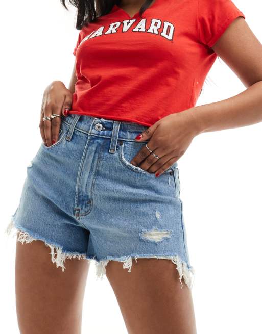 Abercrombie & Fitch Curve Love mom fit denim shorts in mid blue