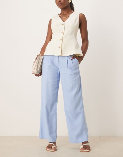 Abercrombie & Fitch curve love low rise linen trousers in blue
