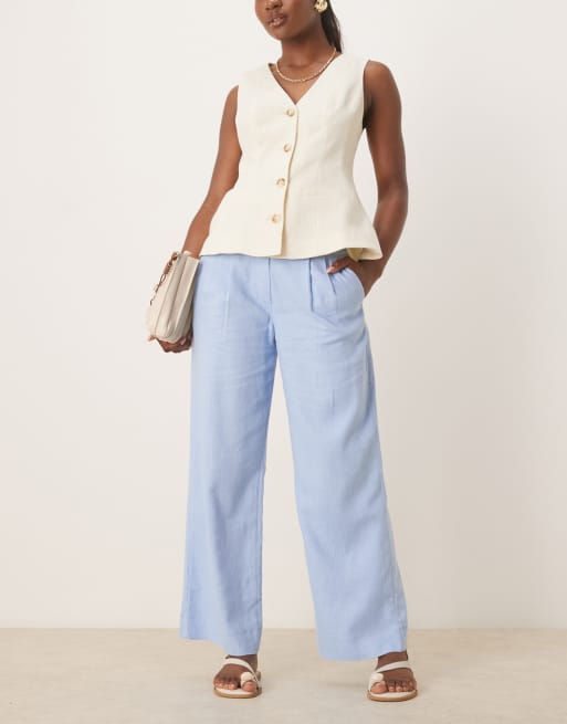 Abercrombie & Fitch – Curve Love – Niebieskie spodnie z niskim stanem z mieszanki lnu