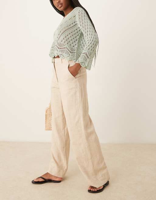 Abercrombie & Fitch Curve - Love - Pantaloni sartoriali in lino color avena a vita alta