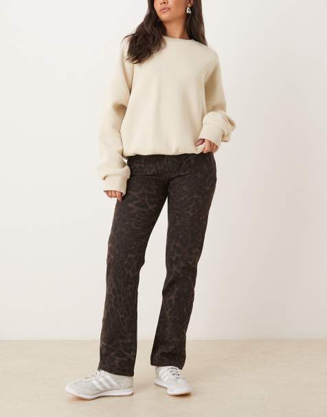 Abercrombie & Fitch curve love mid rise straight jeans in brown leopard print