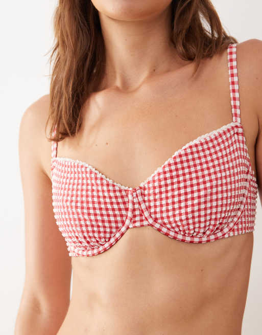 Abercrombie & Fitch Curve - Love - Rød balconette-bikinitop med gingham-tern - Del af sæt, 4 af 4