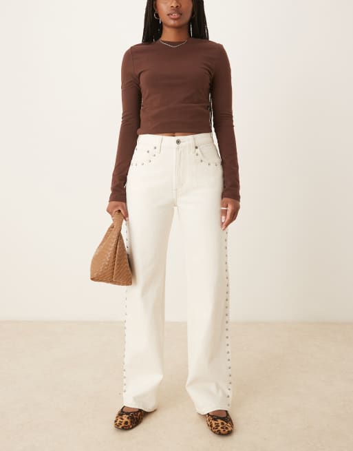 Abercrombie & Fitch - Curve Love - Ruimvallende jeans in jaren 90-stijl met studs en hoge taille in medium wassing