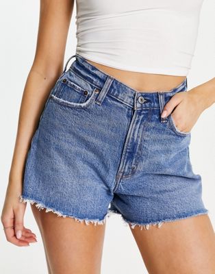 Abercrombie & Fitch Curve Love ripped denim shorts in mid blue - ASOS Price Checker