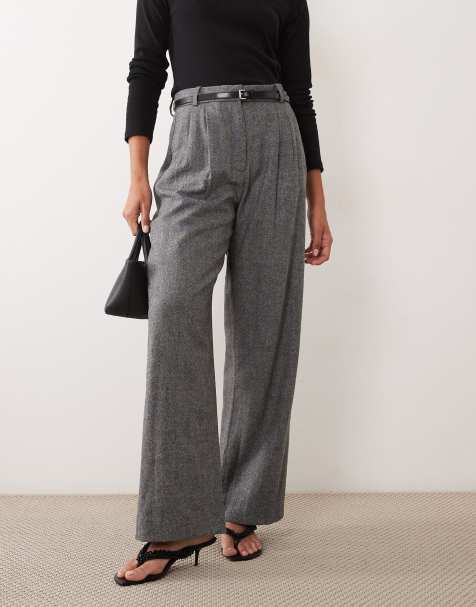 Abercrombie & Fitch Curve Love Sloane pantalon large plissé en mélange de laine gris foncé - view 1