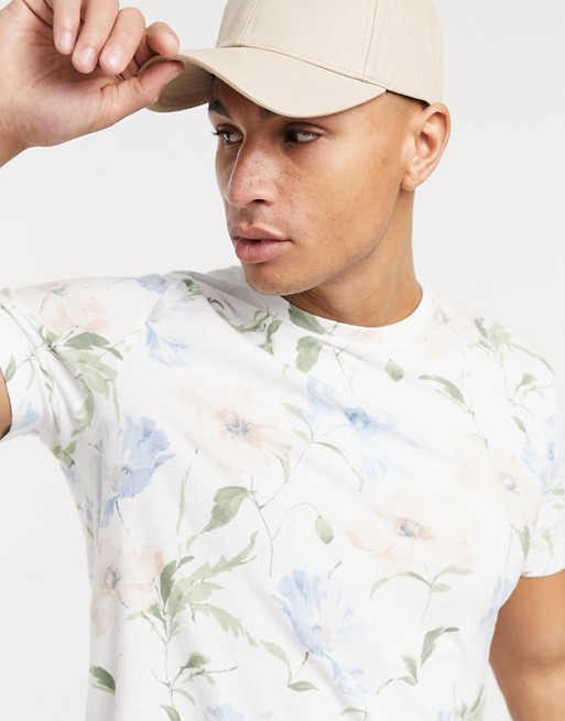 Abercrombie & Fitch curved hem floral print t-shirt in white