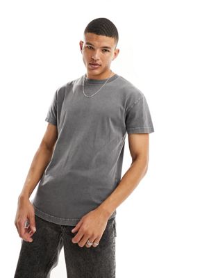 Abercrombie & Fitch curved hem t-shirt in grey acid wash
