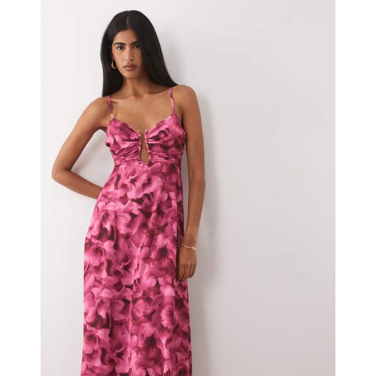 Abercrombie & Fitch cut out detail flowy maxi dress with built in bra in  pink floral print | ASOS