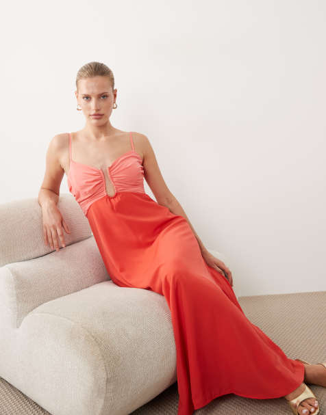 Abercrombie & Fitch cut out detail flowy maxi dress with built in bra in red and pink - view 1