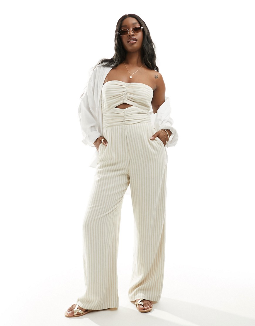 Abercrombie & Fitch cut out jumpsuit with detachable straps in white and beige stripe