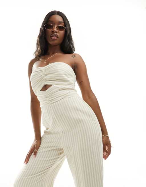 Abercrombie Fitch cut out jumpsuit with detachable straps in white and beige stripe