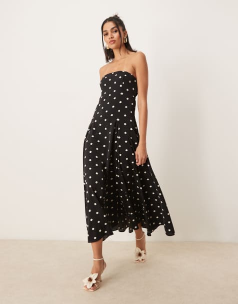 Abercrombie & Fitch asymmetric strapless clasp back midi dress in black polkadot