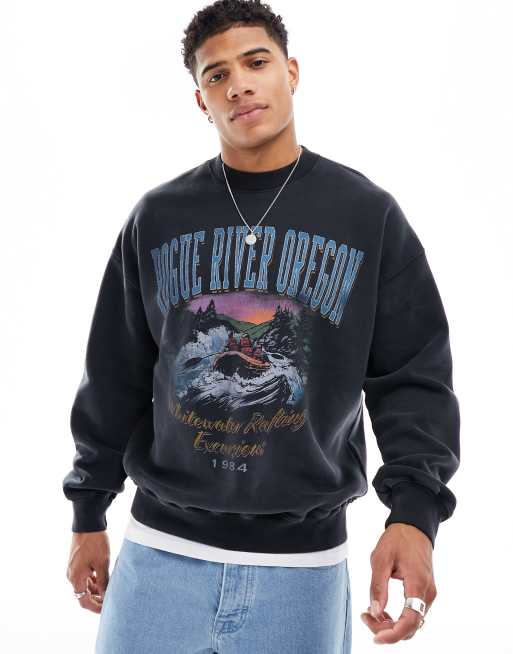 Abercrombie & Fitch – Czarna bluza ze wzorem, efektem sprania i napisem „Rogue River Oregon”