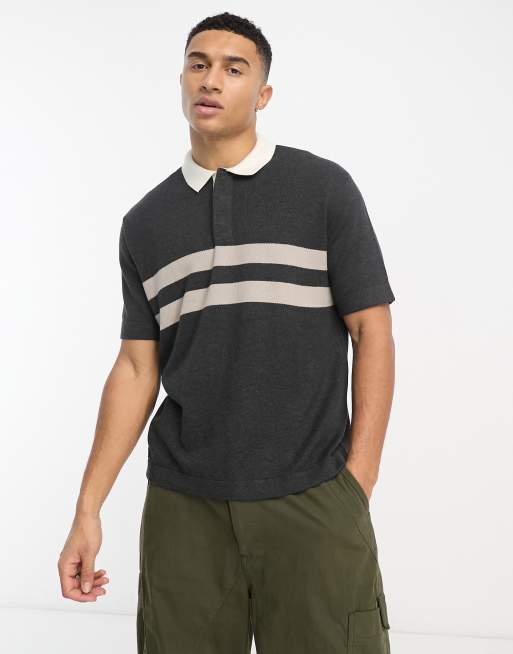 Abercrombie & Fitch – Czarna dzianinowa koszulka polo oversize w stylu rugby z paskami na piersi