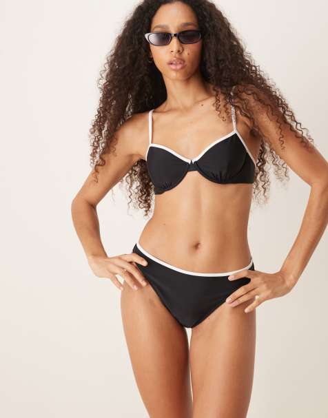 Abercrombie & Fitch – Czarny dół od bikini, ze średnim stanem i kontrastowym wykończeniem, część zestawu - view 1