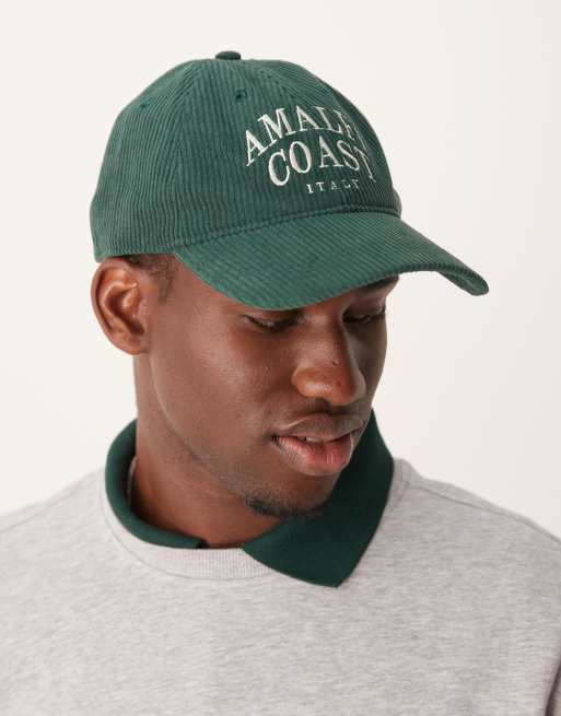 Abercrombie & Fitch – Dad-Baseballkappe in Dunkelgrün aus Cord mit „Amalfi Coast“-Stickerei