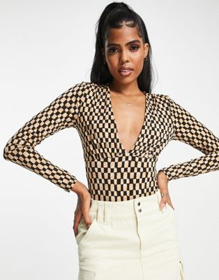 Abercrombie & Fitch deep v neck body in check print  - ASOS Price Checker