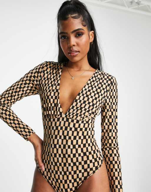 Express Fitted Mesh Printed Deep V-Neck Bodysuit Multi-Color