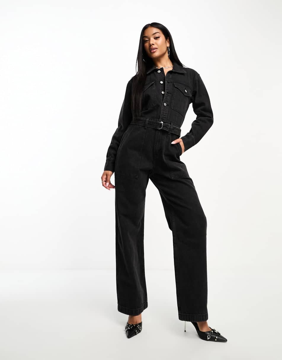 ASOS DESIGN bubble crepe v neck puff sleeve jumpsuit in navy