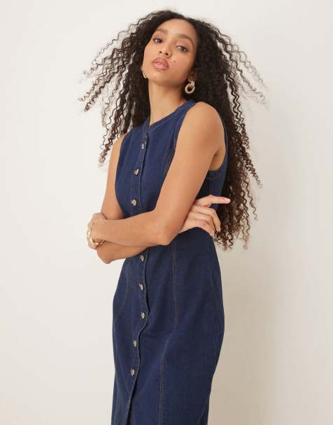 Abercrombie & Fitch denim button through sleeveless midi dress in dark blue wash - view 1